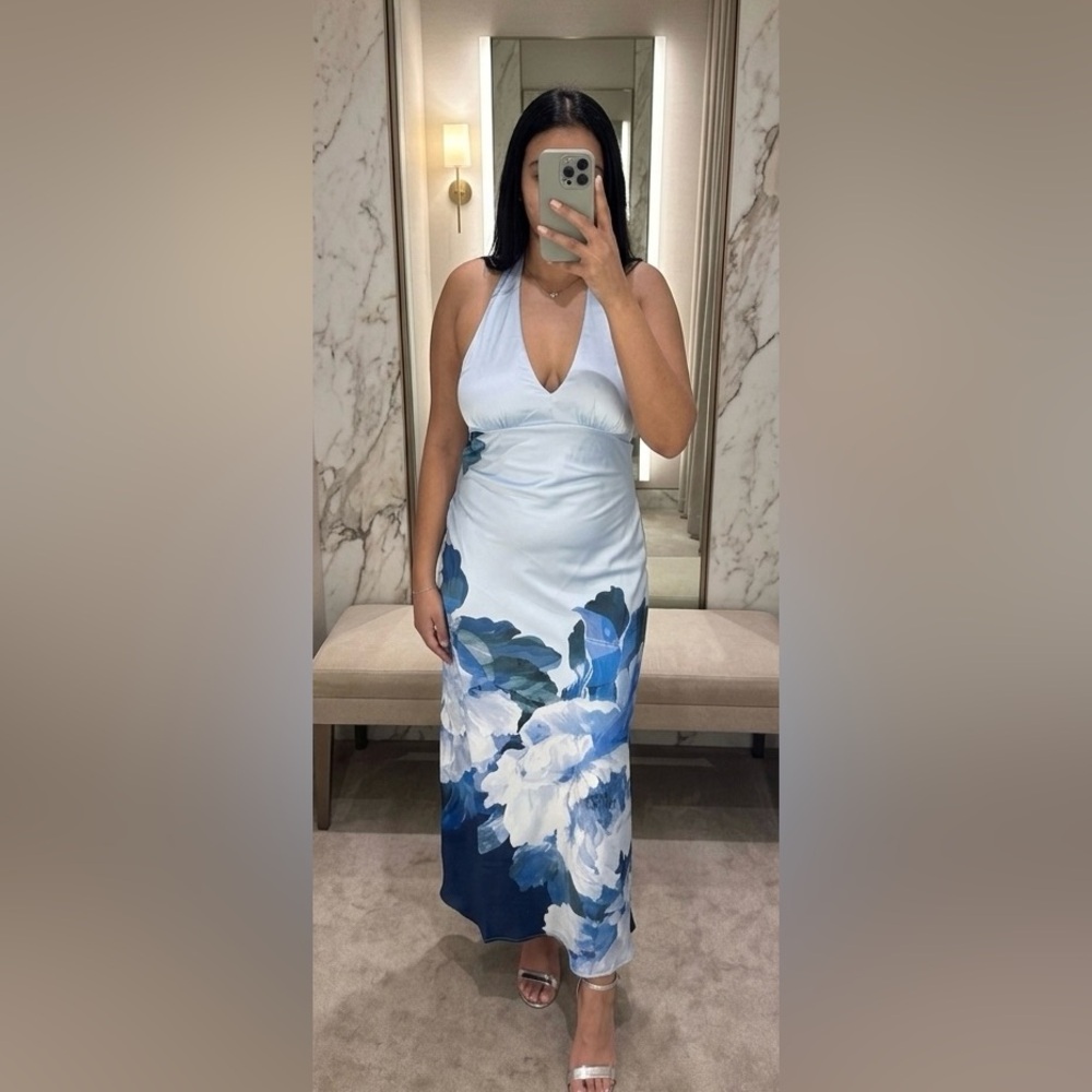Light Blue Halter Floral Midi Dress